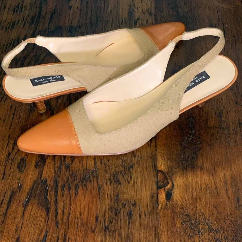 Kate Spade New Tan and Cream Leather and Wool Slingback Kitten Heels